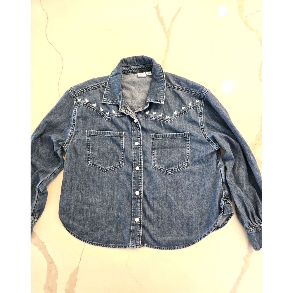 GAP Kids L 10 Embroidered Hearts Western Chambray Denim Shirt Kids Girls Snap